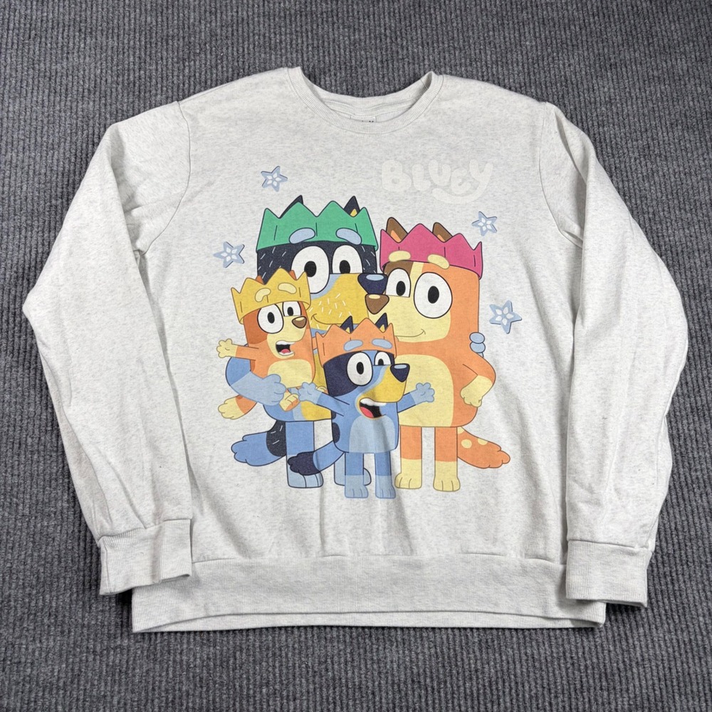Bluey Sweatshirt Women's L Heeler Family Hooray Gray Graphic Pullover Crewneck